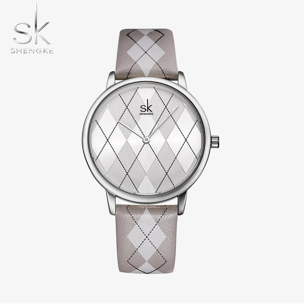 Shengke, женские часы, клетчатые, кожаные, для девушек, наручные часы, женские часы, брендовые, наручные часы, часы Montres Femme Reloj Mujer - Цвет: grey