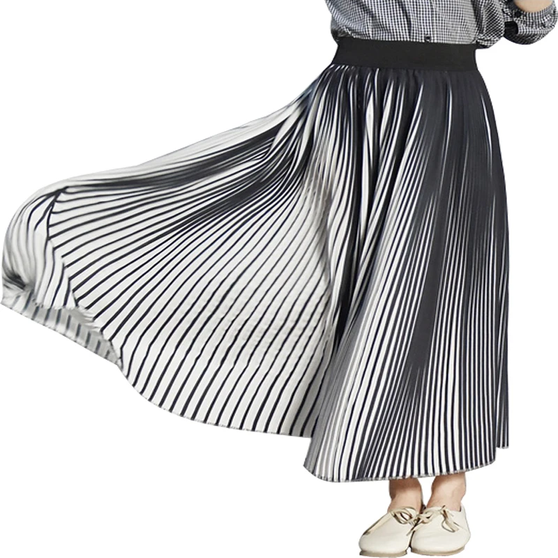 Yuxinfeng S-4XL женские длинные плиссированные юбки летнего размера плюс Boho пляжная шифоновая юбка макси с высокой талией в черно-белую полоску для женщин