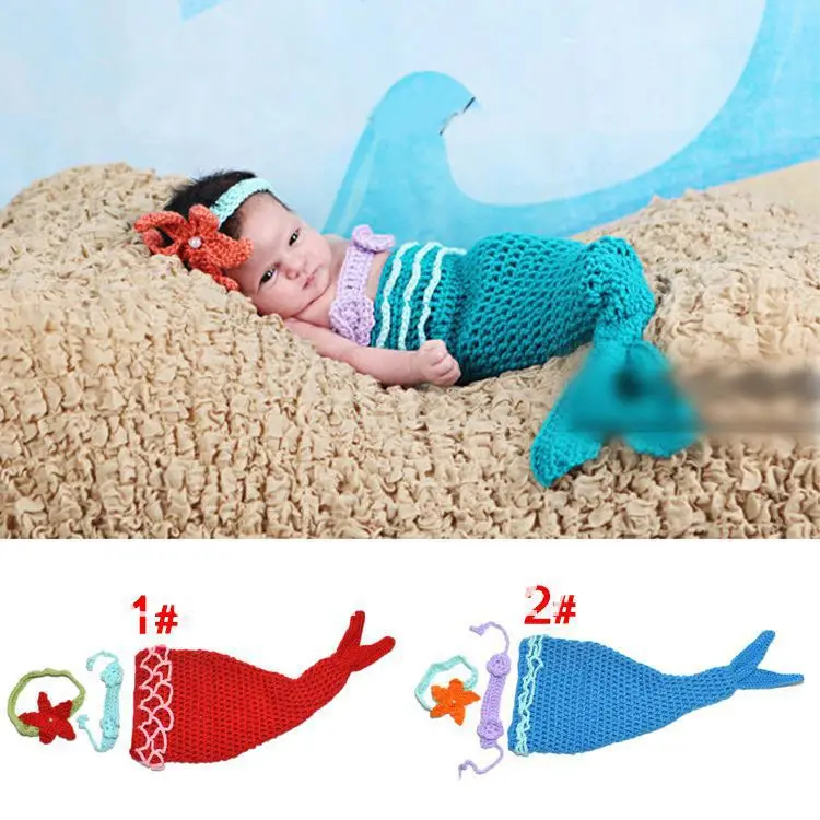Lovely Girl Mermaid Tail Shells Crochet Knitted Costume Set Photography Props Handmade Fashion Animal Style | Аксессуары для
