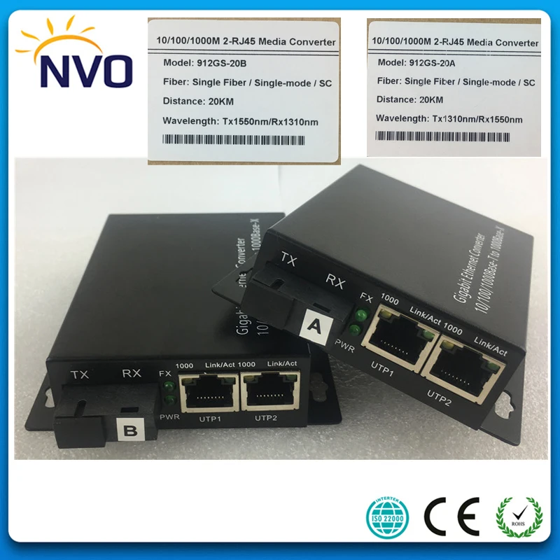 Гигабитный одиночный волоконный SC SM в 2 порта RJ45 20 км медиаконвертер евро зарядка