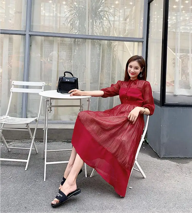 red Летнее платье с бантом и коротким рукавом, модное кружевное платье, женские повседневные уличные красные платья - Цвет: red