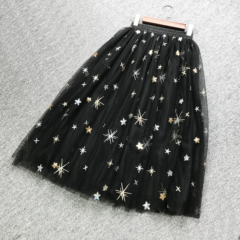 2019 Spring &amp Summer Fashion Korean Style Big Swing Maxi Skirts Womens High Waist Embroidered Star Tutu Adult Long Tulle Skirt | Женская