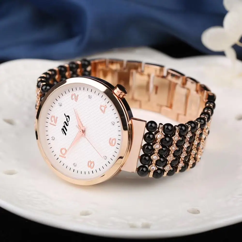 Часы браслет с черными турмалиновыми бусинами натуральным драгоценным камнем