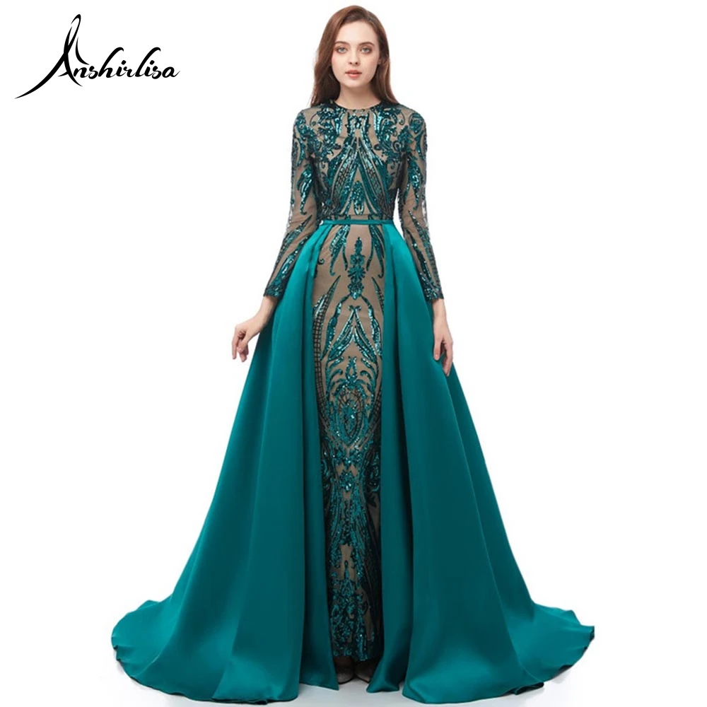 Emerald Green Anshirlisa/женское мусульманское вечернее платье Русалочки с длинным рукавом со съемным шлейфом, арабское вечернее платье с блестками, атласное платье для выпускного вечера - Цвет: Emerald Green