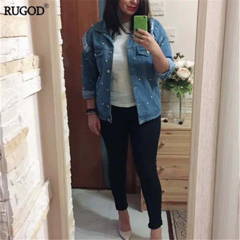 Женская джинсовая куртка Rugod винтажная рваная с бусинами и длинным рукавом