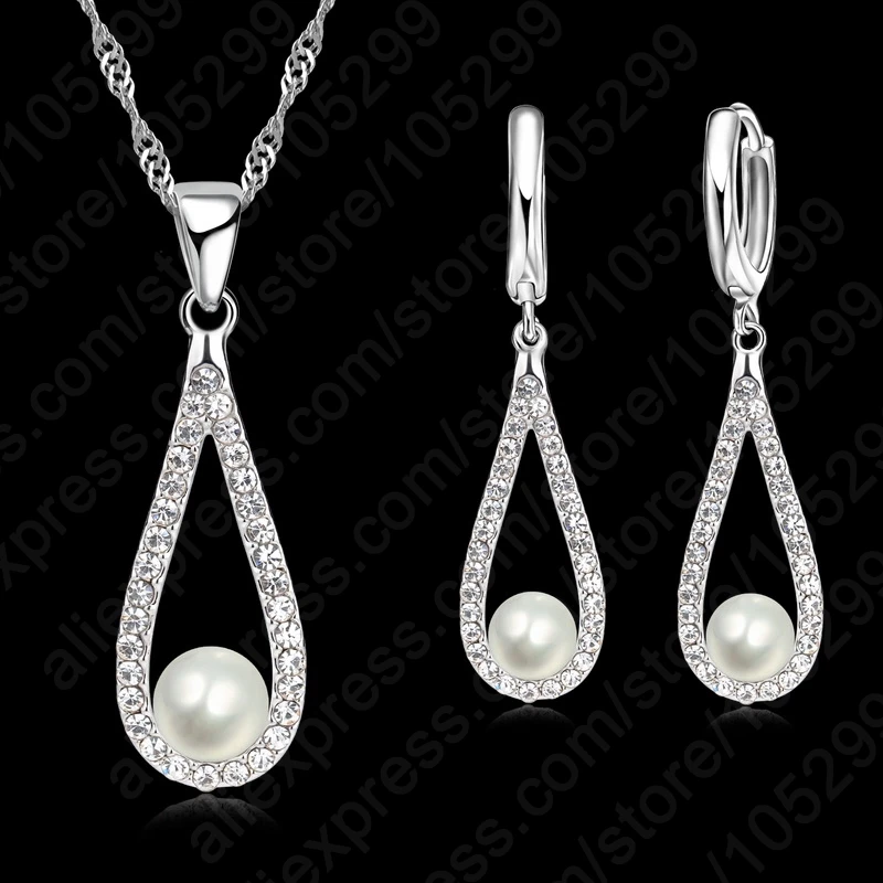 

Pure 925 Sterling Silver Shiny CZ Crystal Water Drop Pearl Necklaces For Woman Fine Jewelry Wedding Earring Set Gift