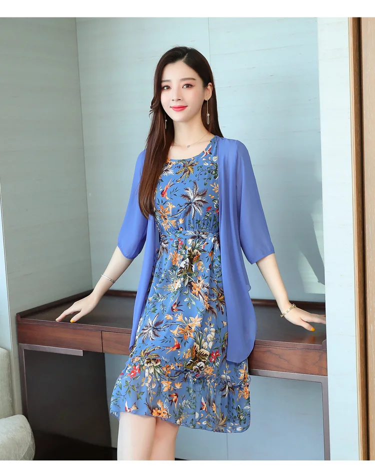 Elegant Floral Chiffon Two Piece Set Dresses Summer Vintage 4XL Plus Size Print Midi Sundress Women Bodycon Party Vestidos