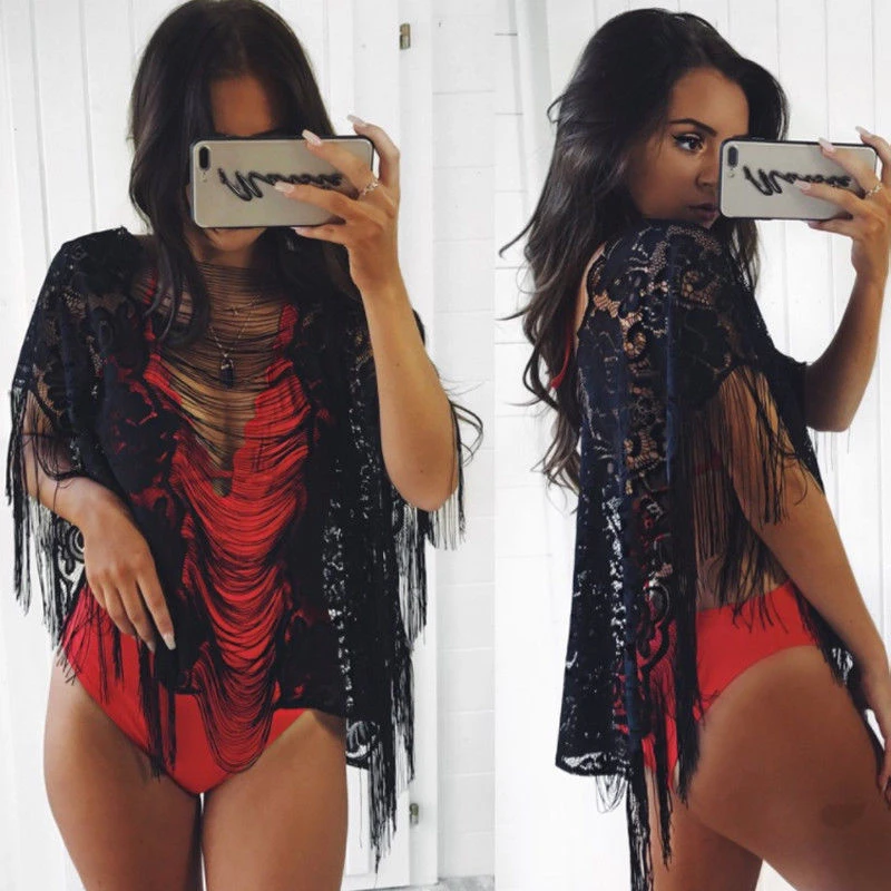 

Ladies Beach Dress 2018 New Summer Black Hollow Out Cover up Tassels Kaftan Sarong Summer Swimwear Swimsuit Bikini Beach Wear