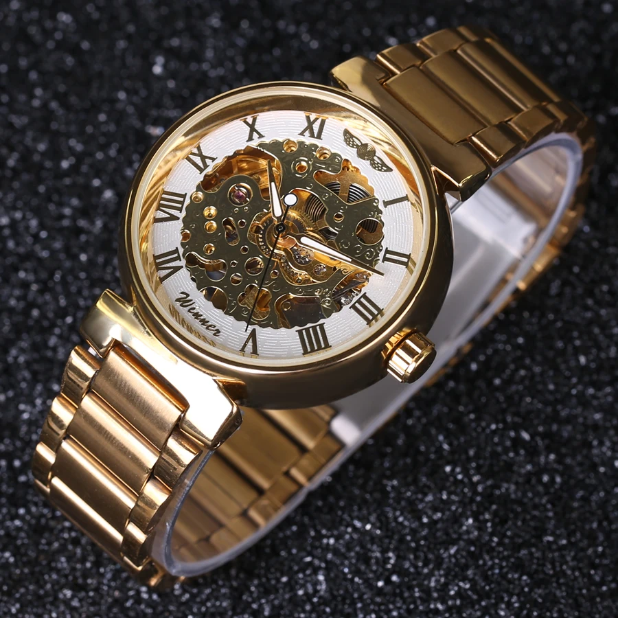 Часы-скелетоны Winner Мужские механические полностью стальные золотистые 2018 |