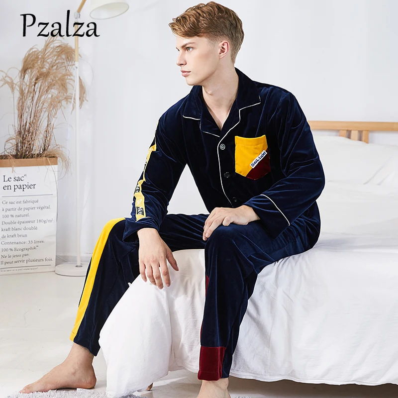 Winter Mens Pyjamas Set Letter Splice Multicolor Pajamas Men Loungewear Velour Warm Pyjamas Men Sleepwear Home Clothing L XL XXL
