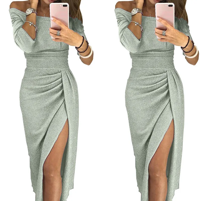 

New Spring Autumn Women Dresses Plus Size Fashion Slash Neck Solid Over Hips Slit Sexy Long Sleeve Dress For Women One-Piece