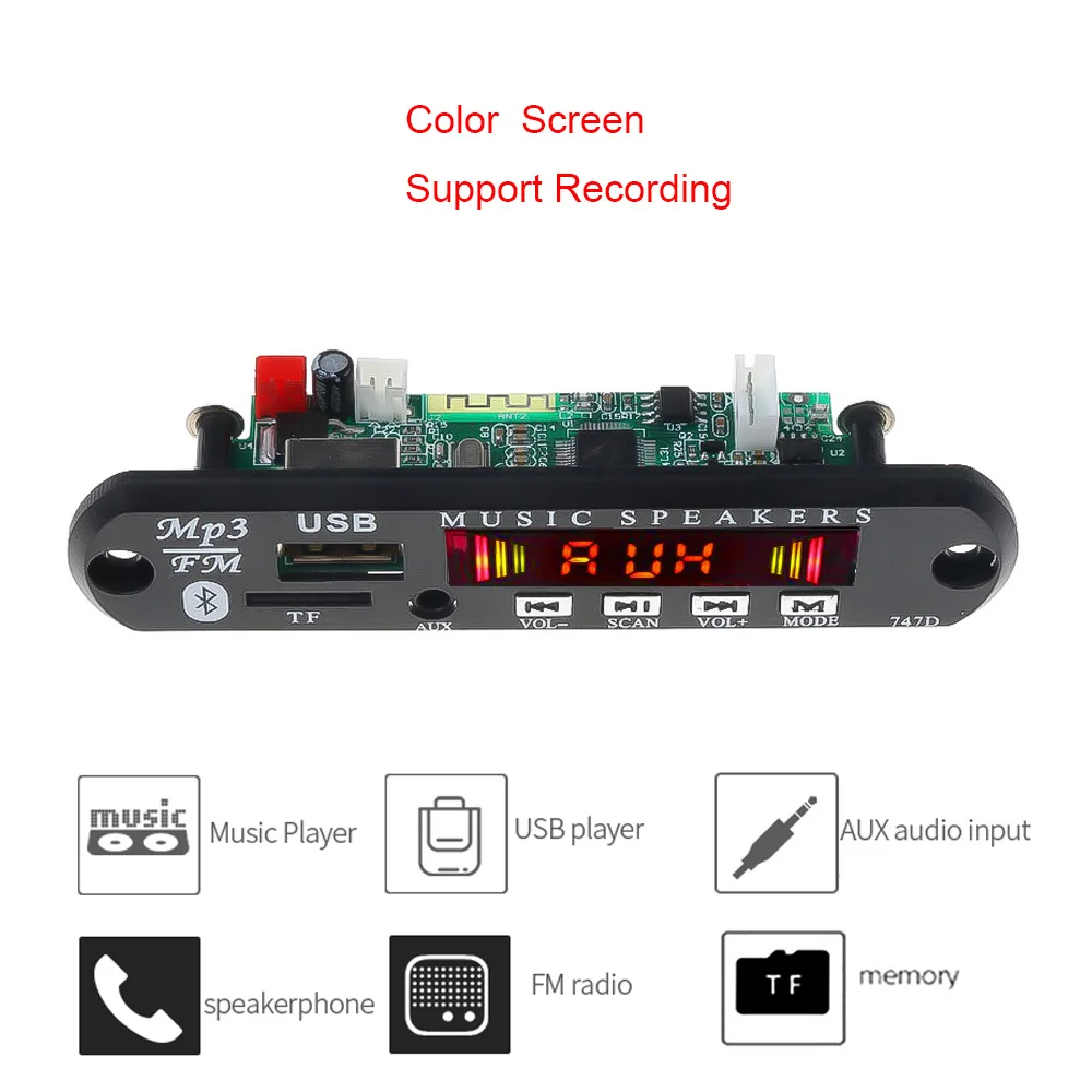 Color Screen Цветной экран, 5 В, MP3 декодер, плата записи, кардридер, 12 В, Bluetooth модуль, аудио аксессуары, громкая связь с микрофоном, FM, TF, USB, AUX - Цвет: Color Screen