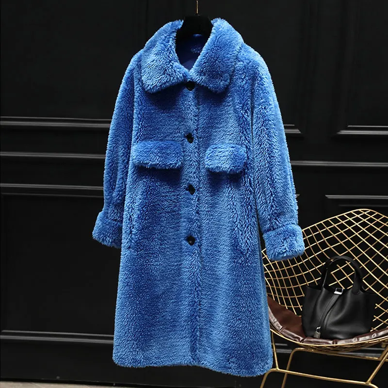 sky blue Зернистая шерсть овечья стрижка пальто Женская шерстяная куртка зимняя Толстая меховая размер Большая популярная зернистая шерсть шуба овчина - Цвет: sky blue