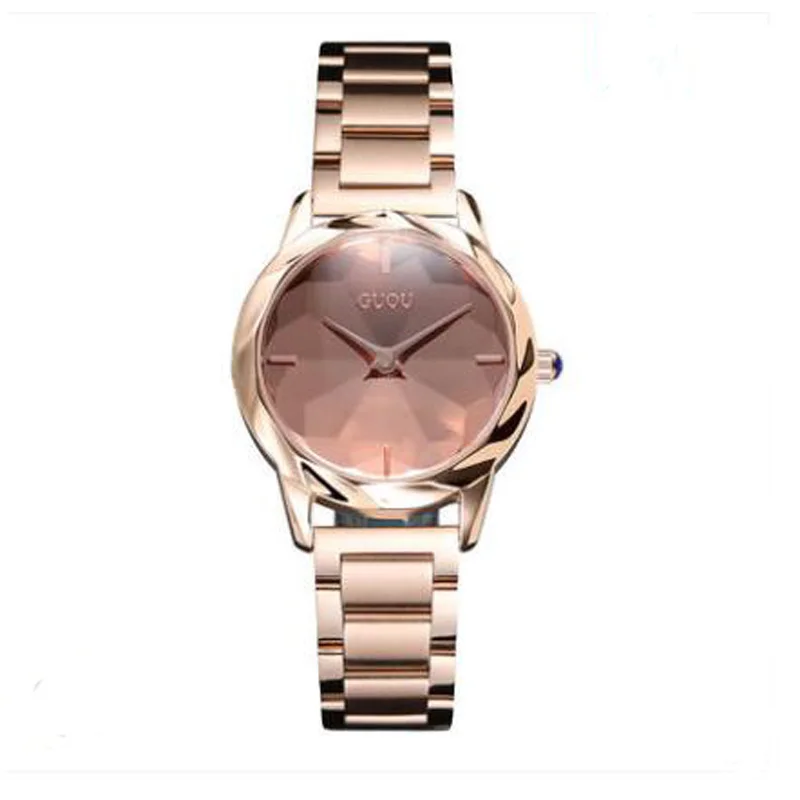 Модные Роскошные Часы GUOU Reloj Mujer розовые и цвета фиолетовый$ черные женские кварцевые часы из нержавеющей стали - Цвет: Rose Gold