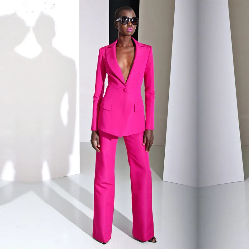 

Новинка 2021, строгие брючные костюмы цвета фуксии для свадьбы, женские деловые костюмы, женские брючные костюмы, женский смокинг под заказ