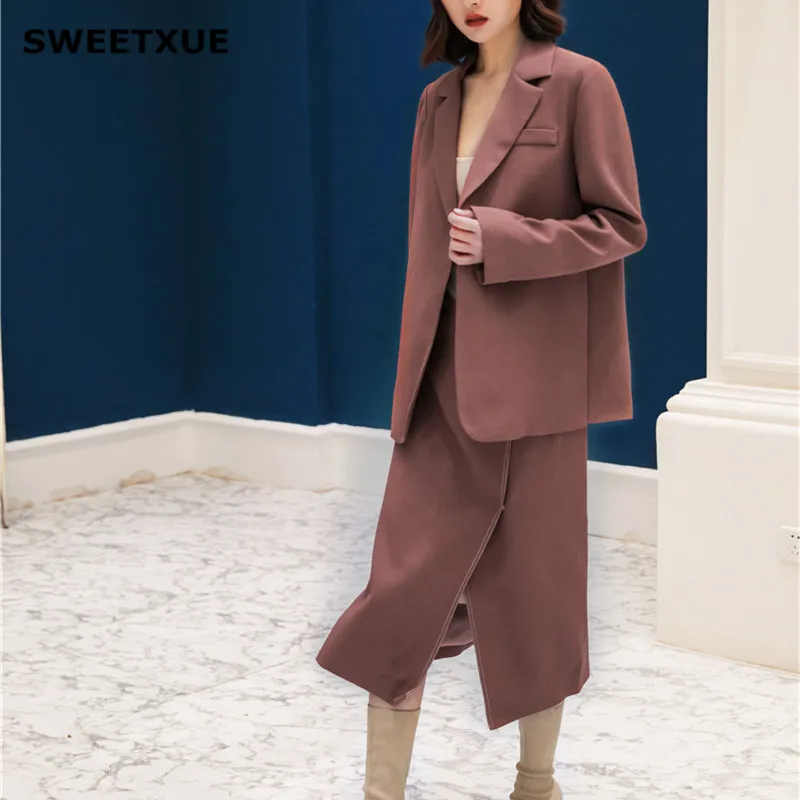 SWEETXUE Модные осенние женские костюмы с юбкой Одноцветный Блейзер на одной