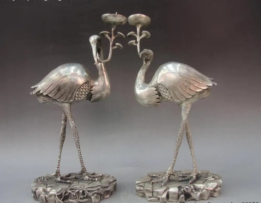 

Chinese Folk White Bronze Silver Red-crowned Crane Candlestick Candle Holder
