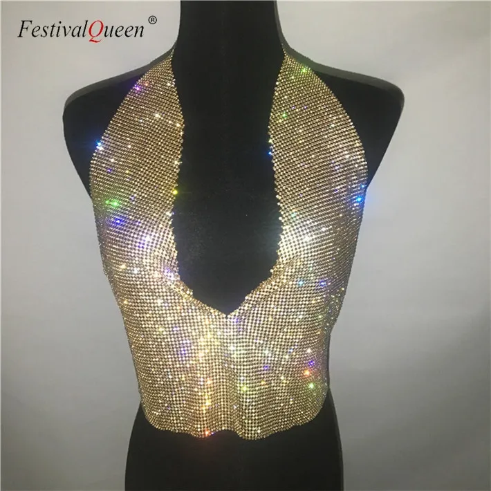 FestivalQueen lady rhinestone party backless tops sexy women summer glitter crystal diamonds crop top beach nightclub - Цвет: Golden