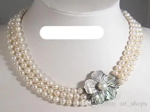 

3 Rows Real White Pearl new Shell Flower Clasp Necklace