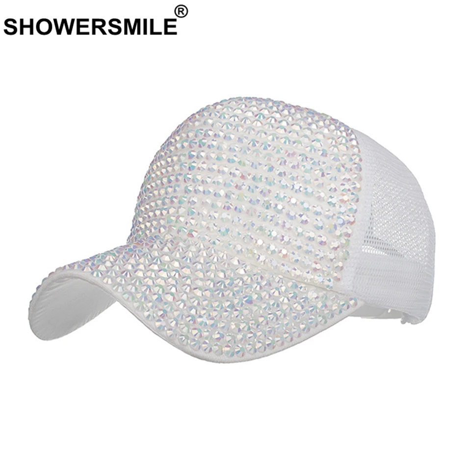 SHOWERSMILE, стразы, бейсболки для женщин, синяя блестящая шляпа, бриллиантовая женская летняя Дамская Кепка, бейсболка кепка с сеткой, хип-хоп