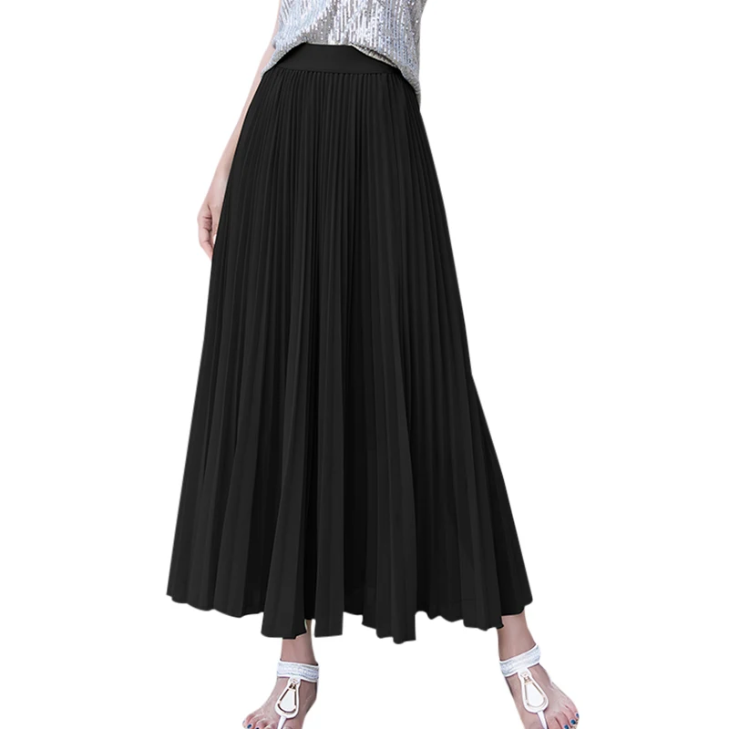 Summer Long Skirts Womens High Waist Vintage Boho Pleated Skirts Solid Color Chiffon Beach Maxi Skirt For Women Saia Faldas