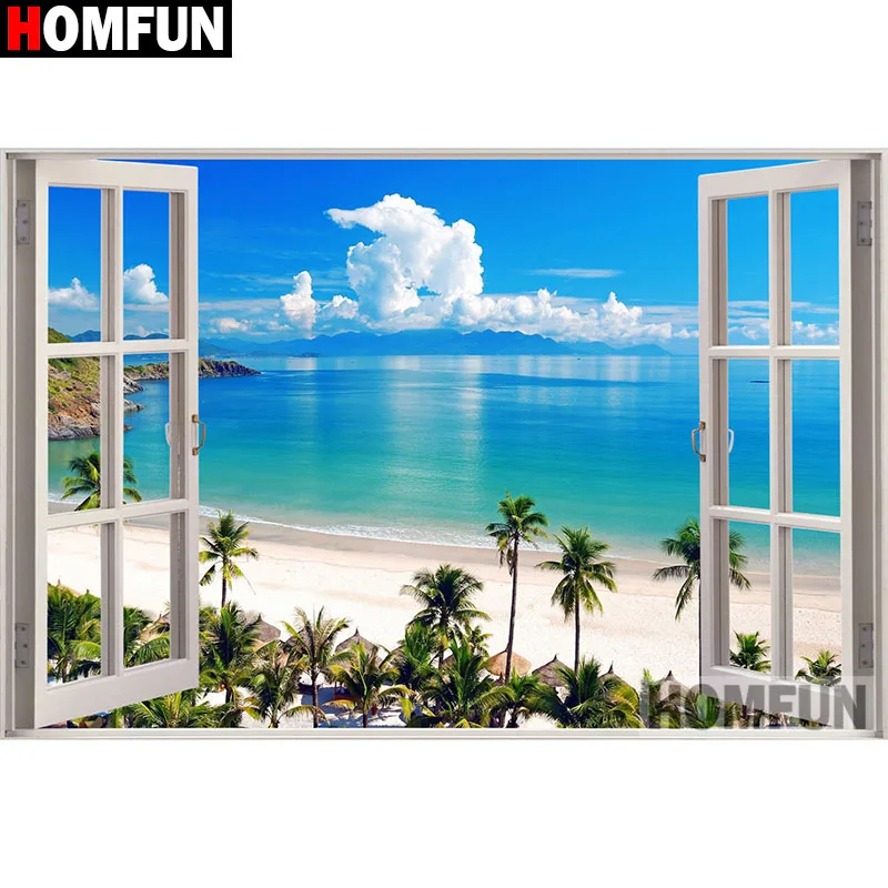 Алмазная 5D картина HOMFUN окно море вышивка крестиком полностью квадратная/круглая