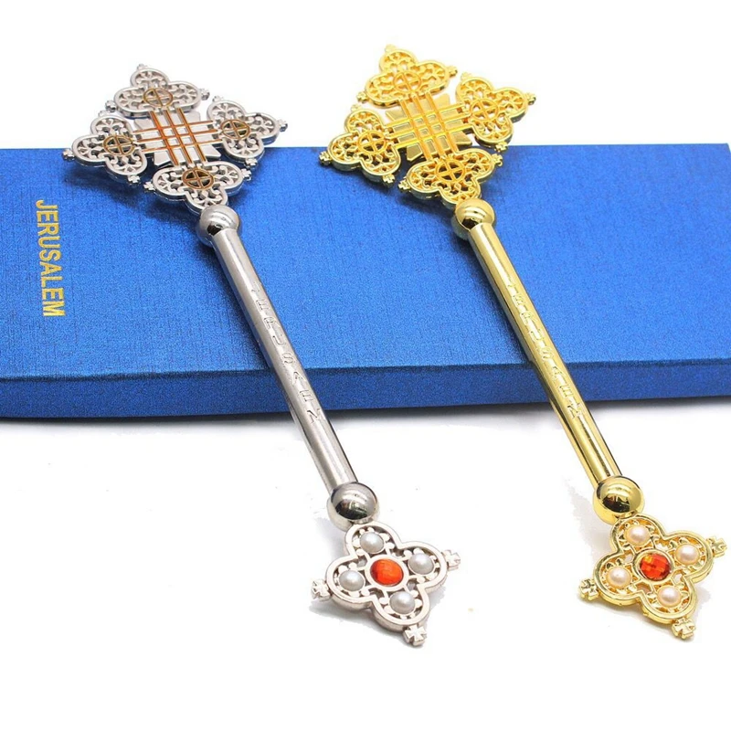 Metal Hand Blessing Cross with Crucifixion Enameled Gold Plated Byzantine Design A with Stones religious orthodox JERUSAEM icon