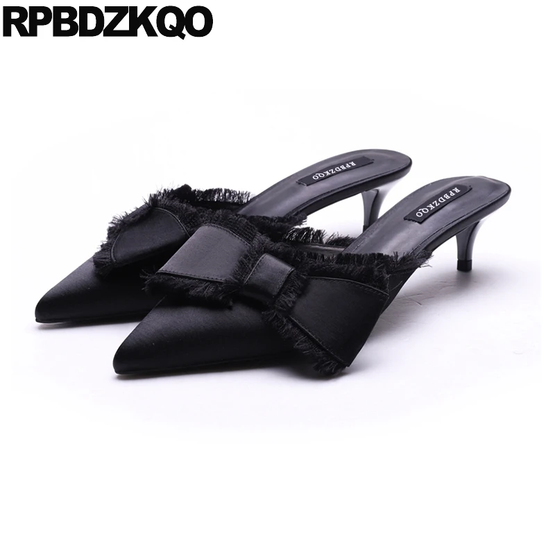 

Kitten Medium Heels Black Closed Toe High Satin Bow Fringe Sandals Size 4 34 Mules Slipper Shoes Pumps Pointed Women Sweet Peach