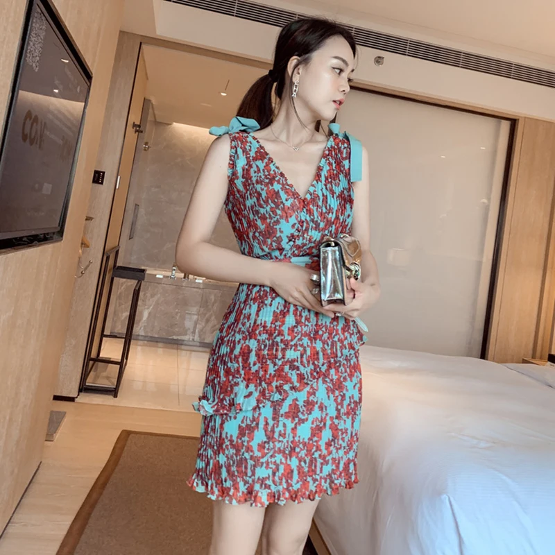 SISPELL Fashion New Vintage Print Women Dress V Neck Sleeveless Off Shoulder High Waist Slim 2019 Summer Pleated Female Dresses | Женская