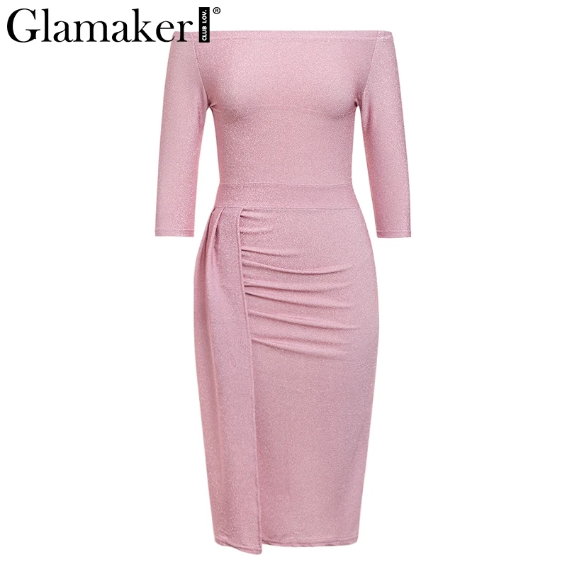Розовый Glamaker, люрекс, с открытыми плечами, сексуальное платье для женщин, с разрезом, сексуальное, розовое, длинное, для вечеринки, элегантное, облегающее, половина рукава, черное платье, vestidos - Цвет: Розовый