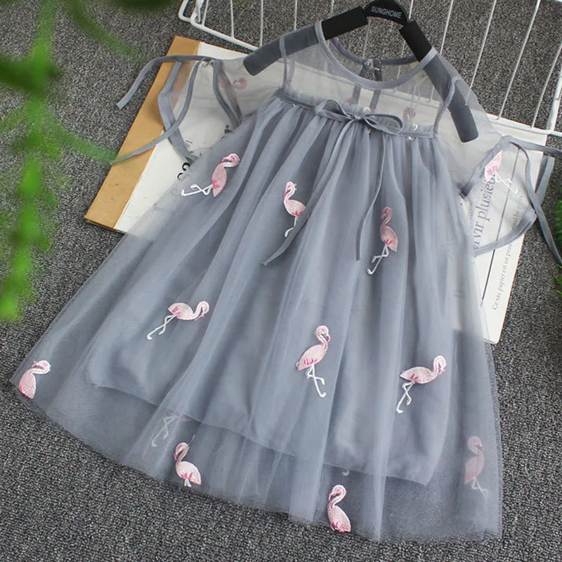 Girls Dresses 2020 Summer New Children's Wear Sweet Belt Flamingo Mesh Yarn Foreign Princess Fluffy Dress | Детская одежда и