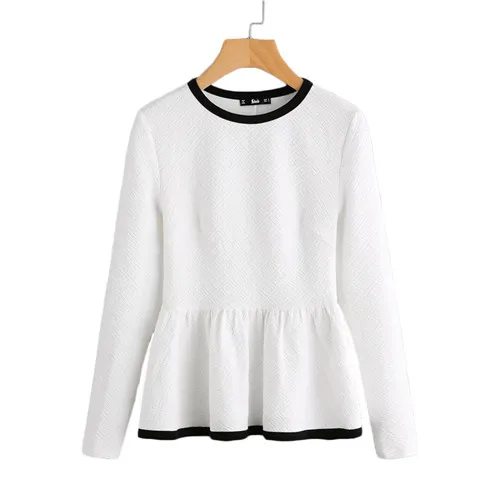 SHEIN Контрастный Модный Топ Женская Весенняя Элегантная Блузка С Длинными Рукавами И Оборками - Цвет: Белый