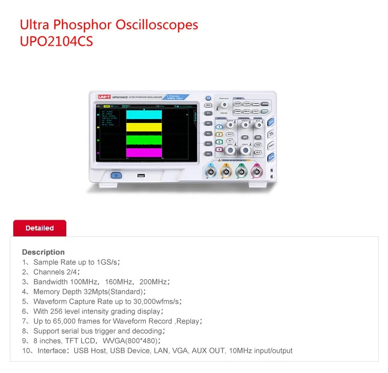 UNI-T UPO2104CS ультрафосфорные осциллографы 4CH 100MHZ Scopemeter Scope meter 7 дюймов Широкоэкранные ЖК-дисплеи USB интерфейс