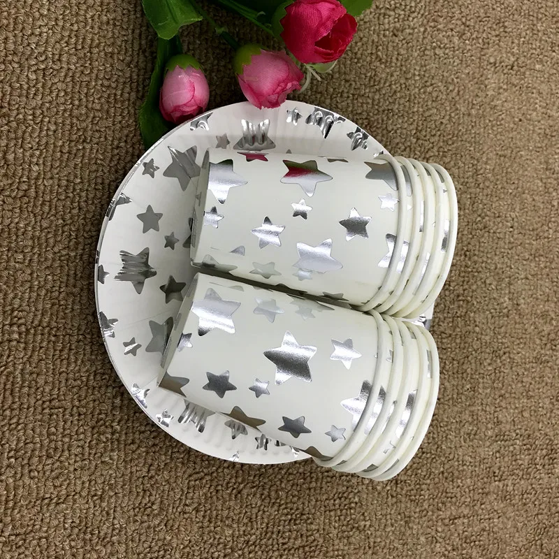 20 шт./лот серебряные тарелки со звездами чашки для детского душа вечерние