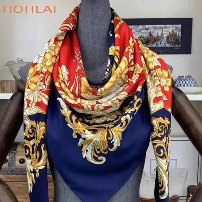2 Саржевый шелковый шарф для женщин большой shawls130см* 130 см цветочный принт шарфы палантины квадратная бандана роскошный брендовый шарф для женщин - Цвет: 2
