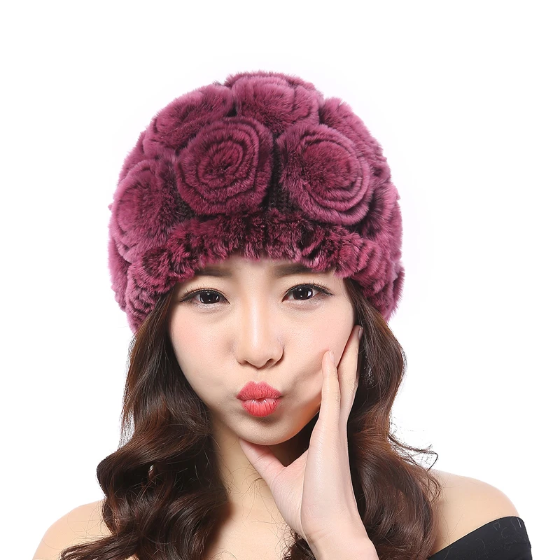 Ручной работы Женская Мода натуральный вязаные шапки из меха кролика Рекс