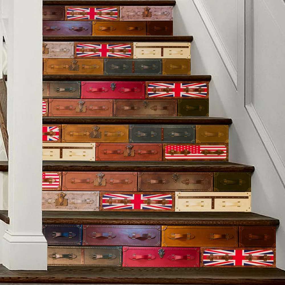 Retro European British Suitcase Vinyl Stair Stickers 3D Art Wall for Living Room TV Background Home Decor FS070 | Дом и сад
