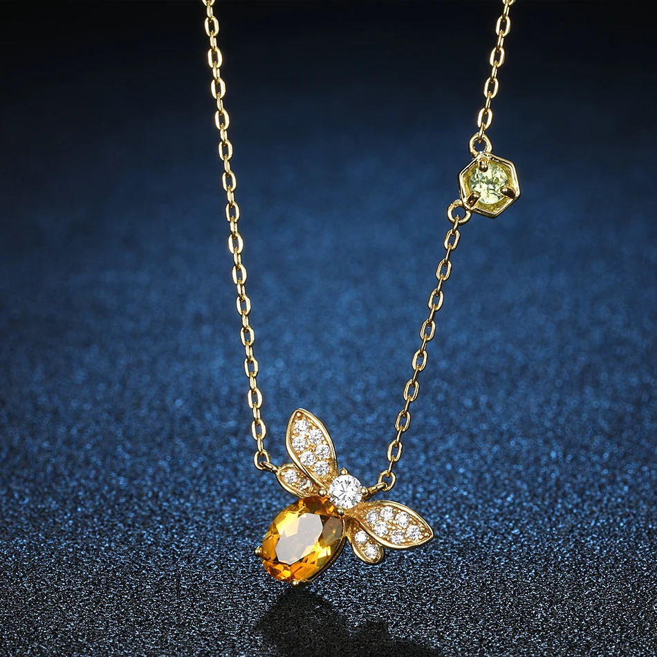 ALLNOEL Bee 5x7mm 1ct Natural Citrine 925 Sterling Silver Jewelry 14K Yellow Gold Plated Chain Pendant Necklace S925 Gift