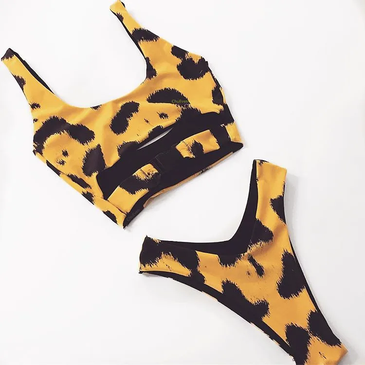 Женский купальник бикини зеленый с леопардовым принтом пляжная одежда S XL T0522 2019| |