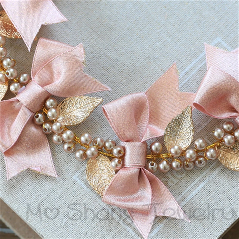 Женский обруч для волос с искусственным жемчугом розовым бантом свадебный