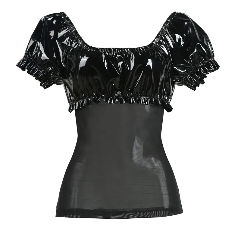 

Sexy Women Hollow Mesh T-Shirt Ladies patchwork Leather Sexy Black T shirt O-Neck See-through Transparent Crop Tops Clubwear