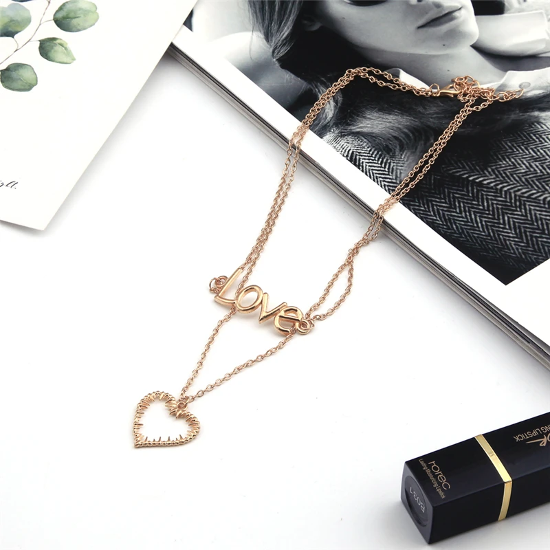 

Vintage Punk 2 Color Double Layer Big Statement Letter Love Hearts Chain Necklaces for Women Birthday Handmade Jewelry Accessory