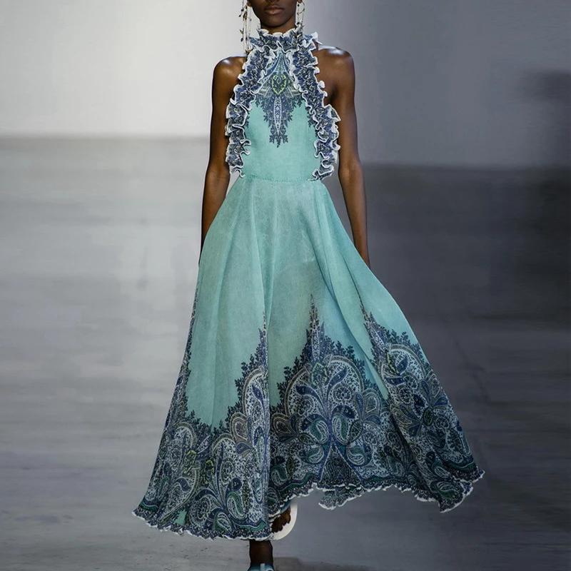 Женское платье с открытыми плечами ZIM длинное плиссированное оборками и