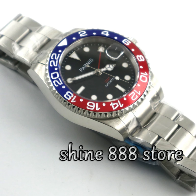 Парниш 40 мм черный циферблат красный и синий ободок GMT сапфировое стекло