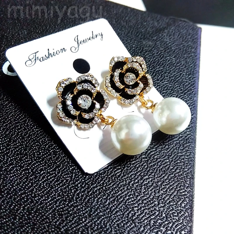 Брендовые золотые Хрустальные черные жемчужные серьги flwoer для женщин модные