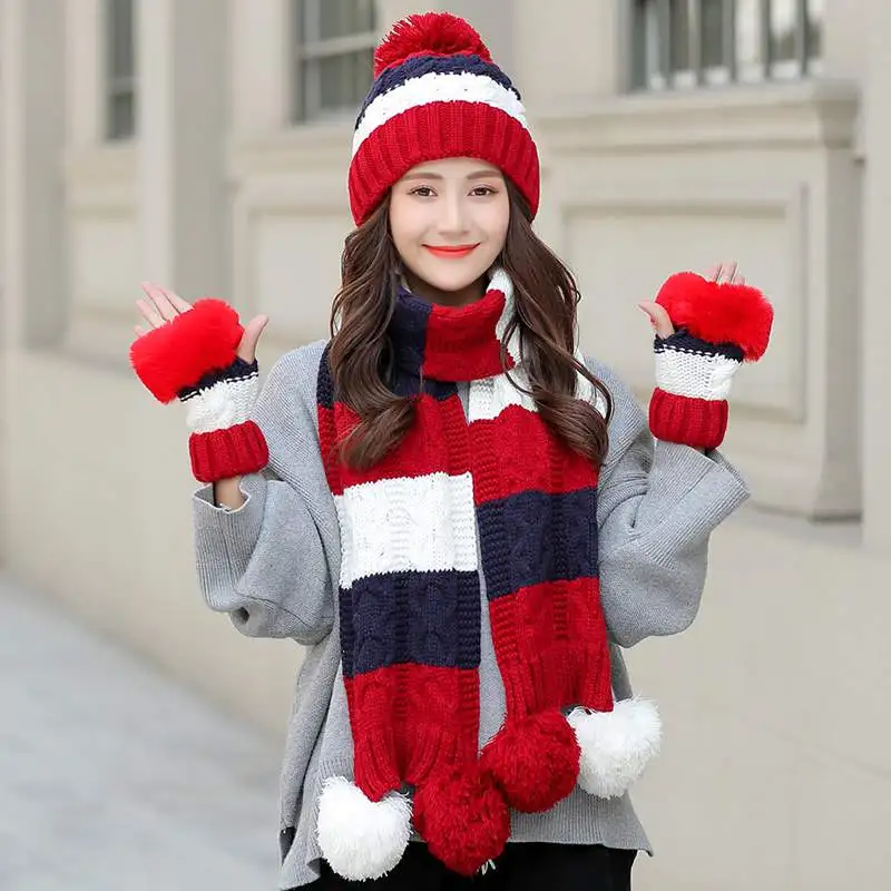 wine red 3 piece Теплый комплект из 3 предметов зимние шапки шарф перчатки для женщин девочек толстый хлопок зимние аксессуары Головные уборы наборы женские шапочки шарф перчатки - Цвет: wine red 3 piece