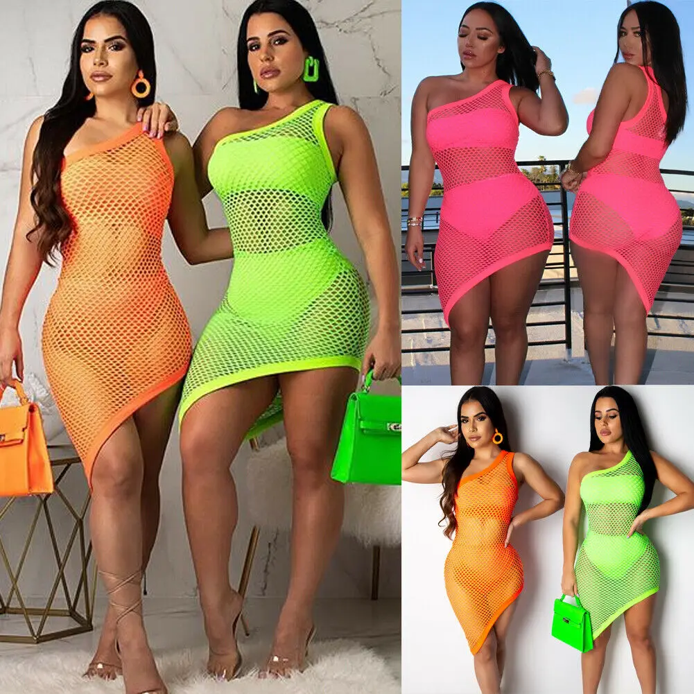 

Fashion Summer Womens Ladies Mesh Sheer See-through Dress Club Party Beach Cover Up One Shoulder Hollow Out Bodycon Mini Dress