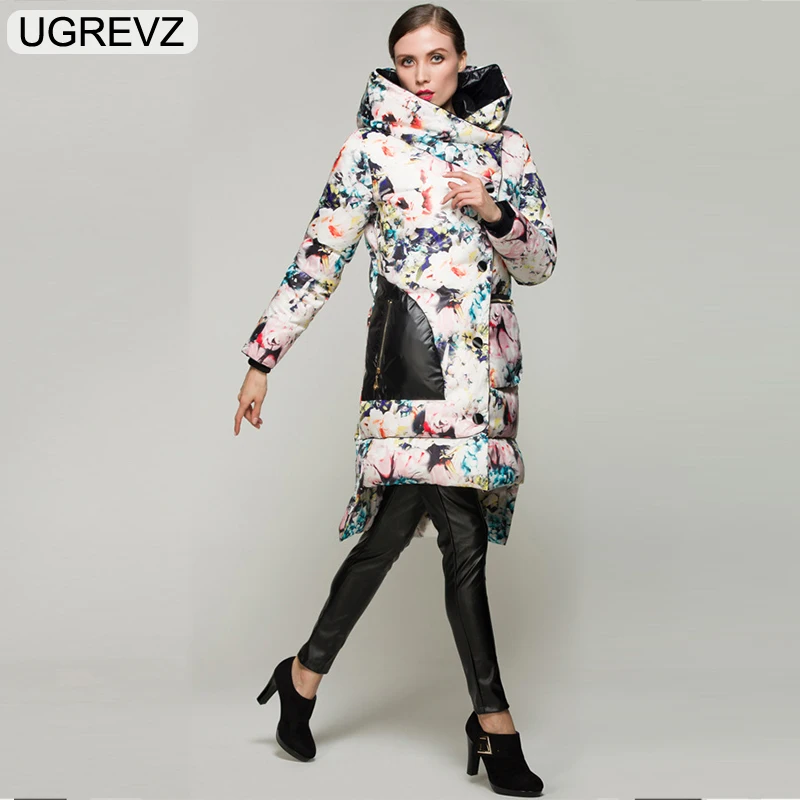 UGREVZ, весна, Новое поступление, европейский стиль, зимняя парка для женщин, цветочный принт, длинное пальто для женщин, модное, толстое, теплое