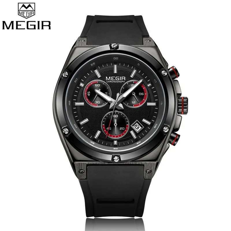 black Relogio Masculino MEGIR мужские часы Топ люксовый бренд хронограф спортивные наручные часы военные армейские деловые резиновые мужские часы 2073 - Цвет: black