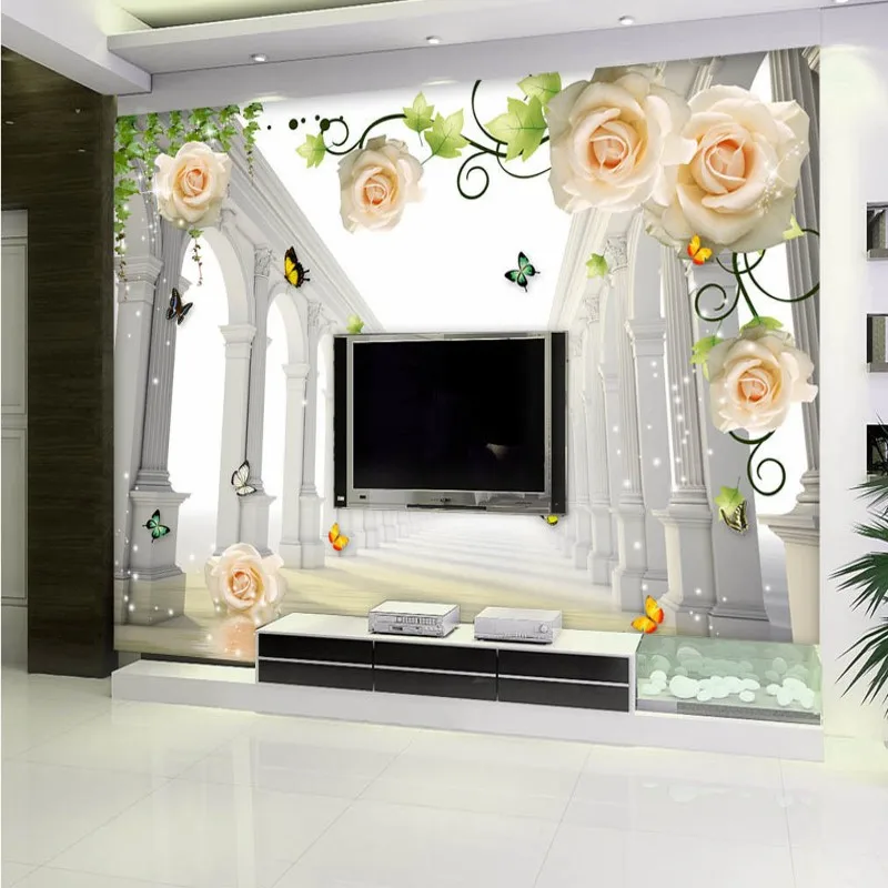 Фотообои с римскими колоннами космосом желтыми розами цветами лозой 3D фоном для